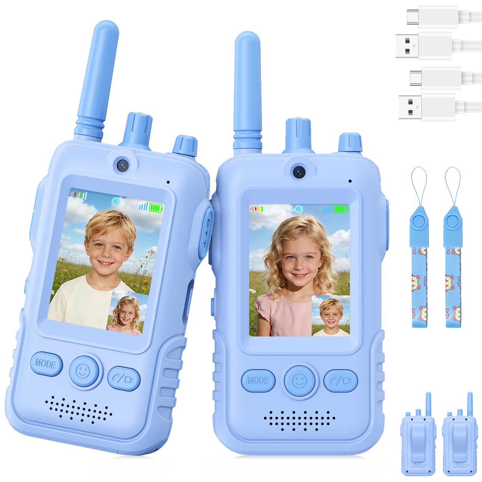 Video Walkie Talkie Kinder mit Kamera, Sehen & Sprechen Gleichzeitig, 2er Set Aufladbar mit Gürtelclip & Taschenlampe, Outdoor Abenteuer Spielzeug Jungen Geschenk für 3-8 Jahre Garten & Camping