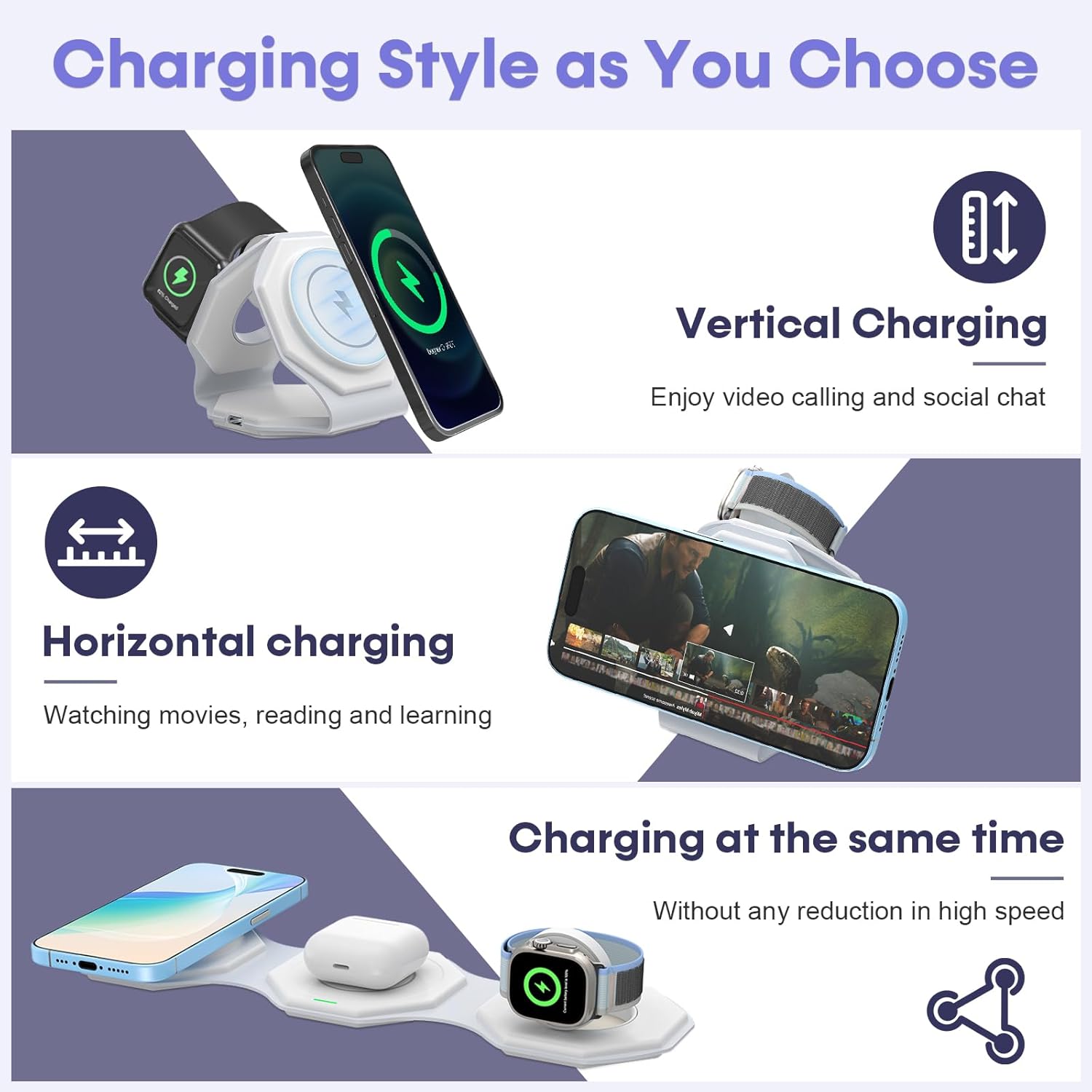 3-in-1 Travel Wireless Charger for iPhone: Foldable Charging Station for Business Trip Office Desktop Home Nightstand - Magnetic Charger Pad for iPhone 16 15 14 13 12 Apple Watch AirPods