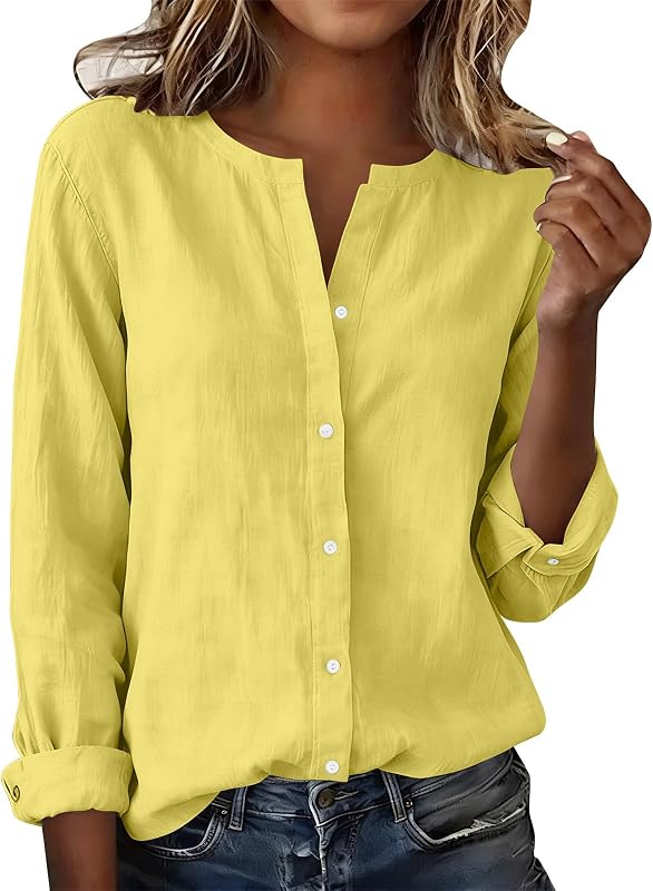 Camisas de lino de manga larga sin cuello con botones y blusas sueltas de verano Business Casual Work Office Tops para mujer