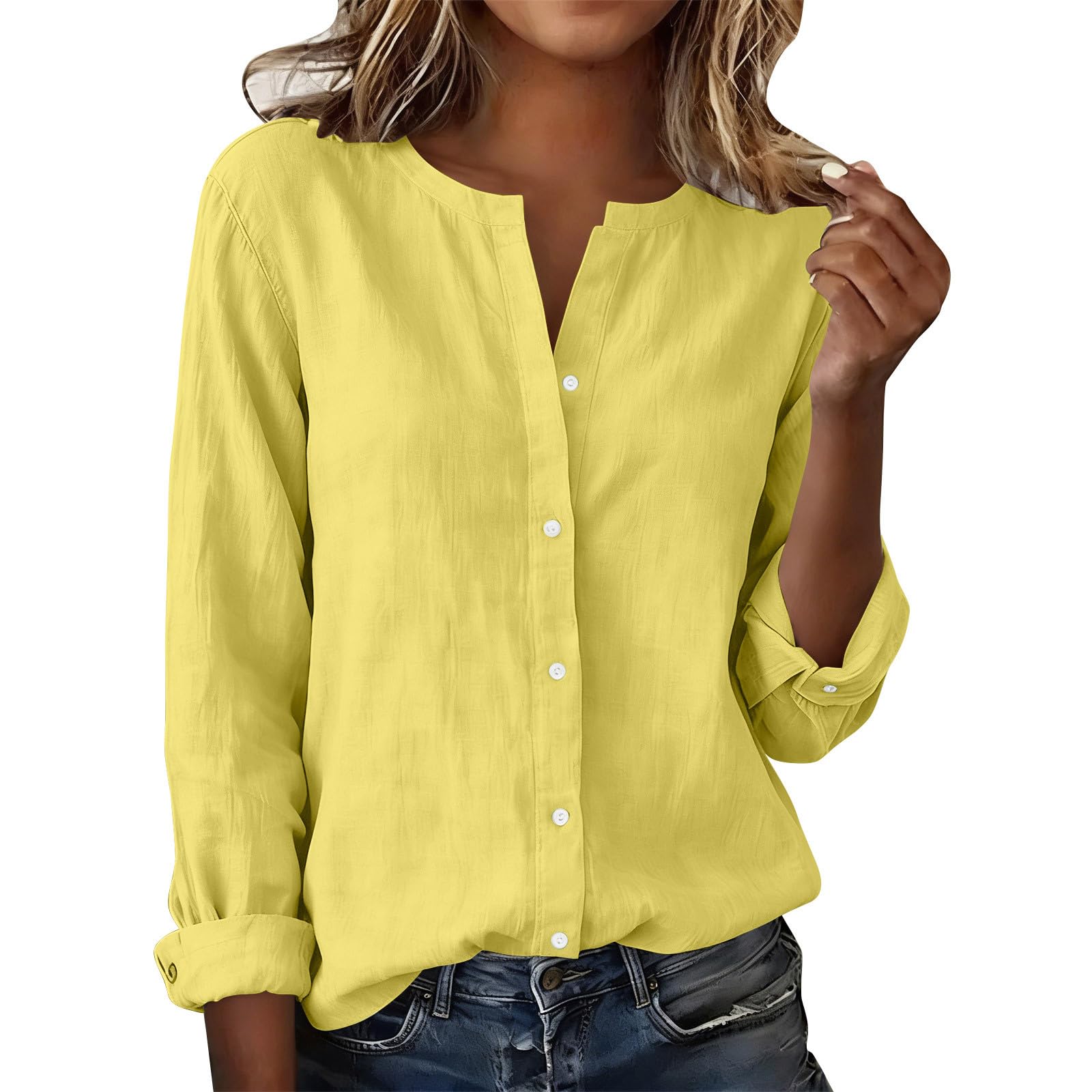 Leinenbluse Damen Sommer Langarm Rundhals Hemden Baumwolle Leinen Oberteil Knopfleiste Shirt Büro Casual Reisen Leinenhemd Lose Einfarbig Lässiges Leinenbluse Elegant Leicht Luftig Oberteil, S-XXL