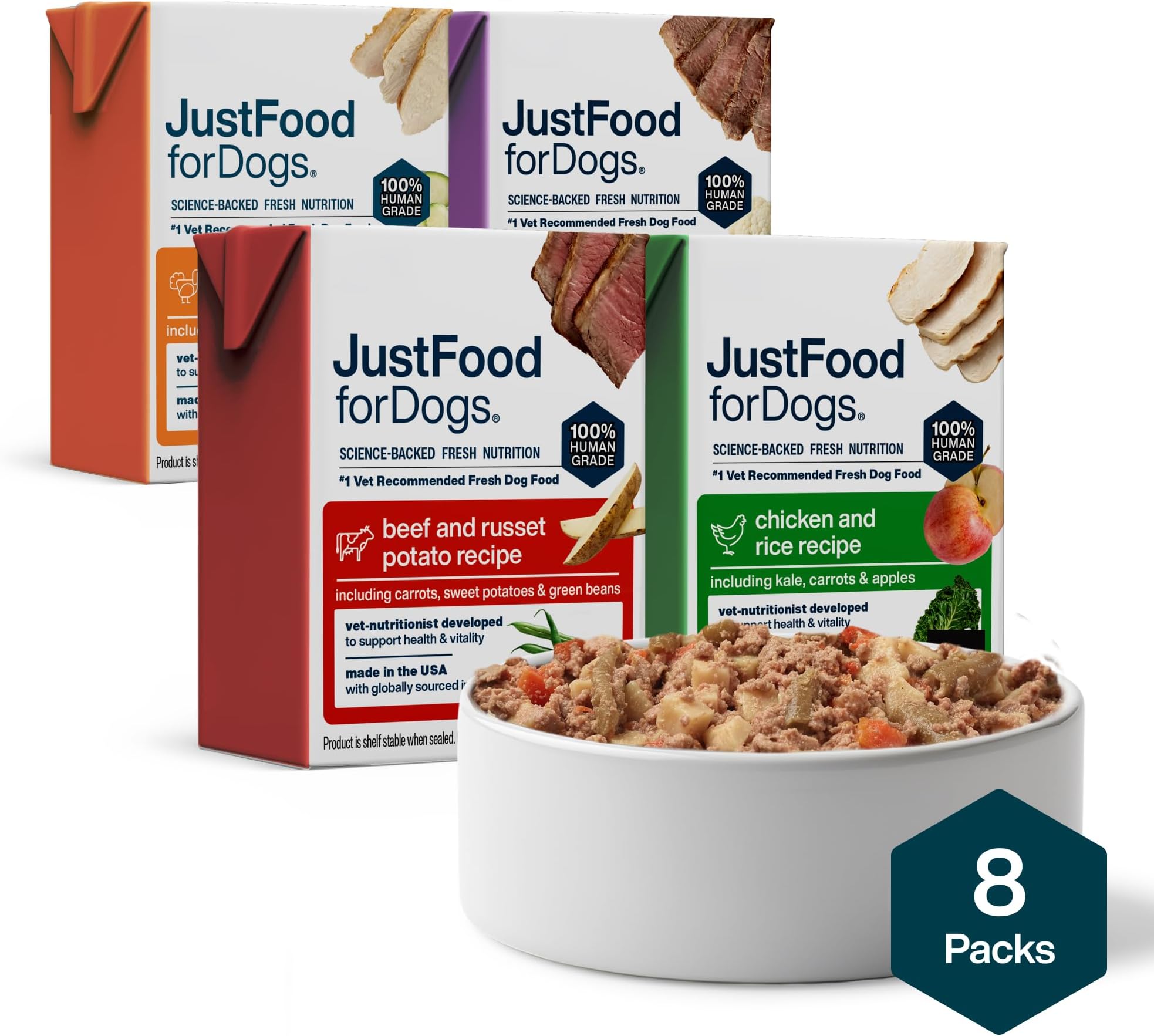 JustFoodForDogs Pantry Fresh Dog Food, Human Grade Beef, Chicken, Turkey, Lamb Variety Pack (8 Pack)