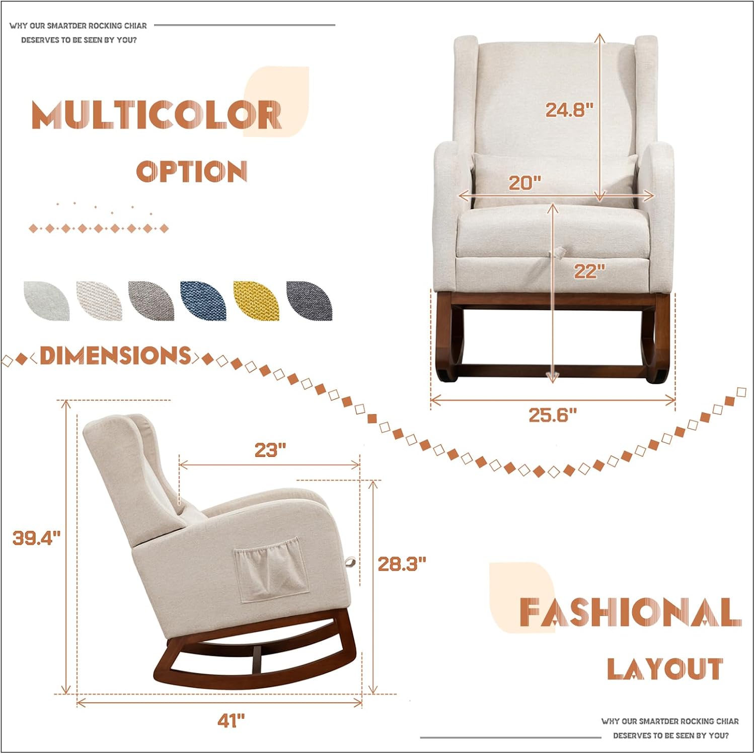 Rocking Chair Nursery with Foot Rest, Comfy Nursery Chair Glider Rocker with Pillow and Pocket, Modern Wingback Accent Armchair with for Living Room, Bedroom, Lounge, Home Office, Beige