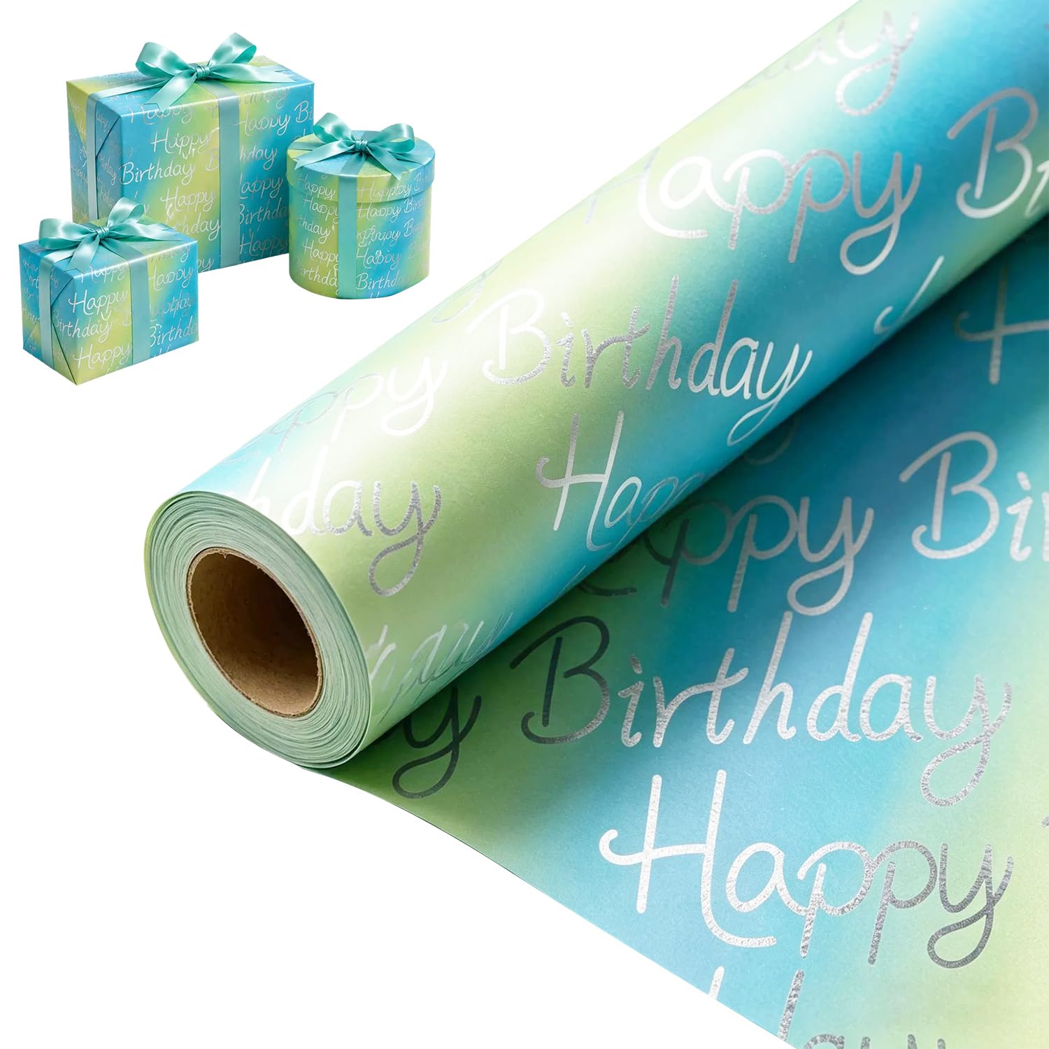 Birthday Wrapping Paper Roll, Blue Happy Birthday Gift Wrap for Men & Women