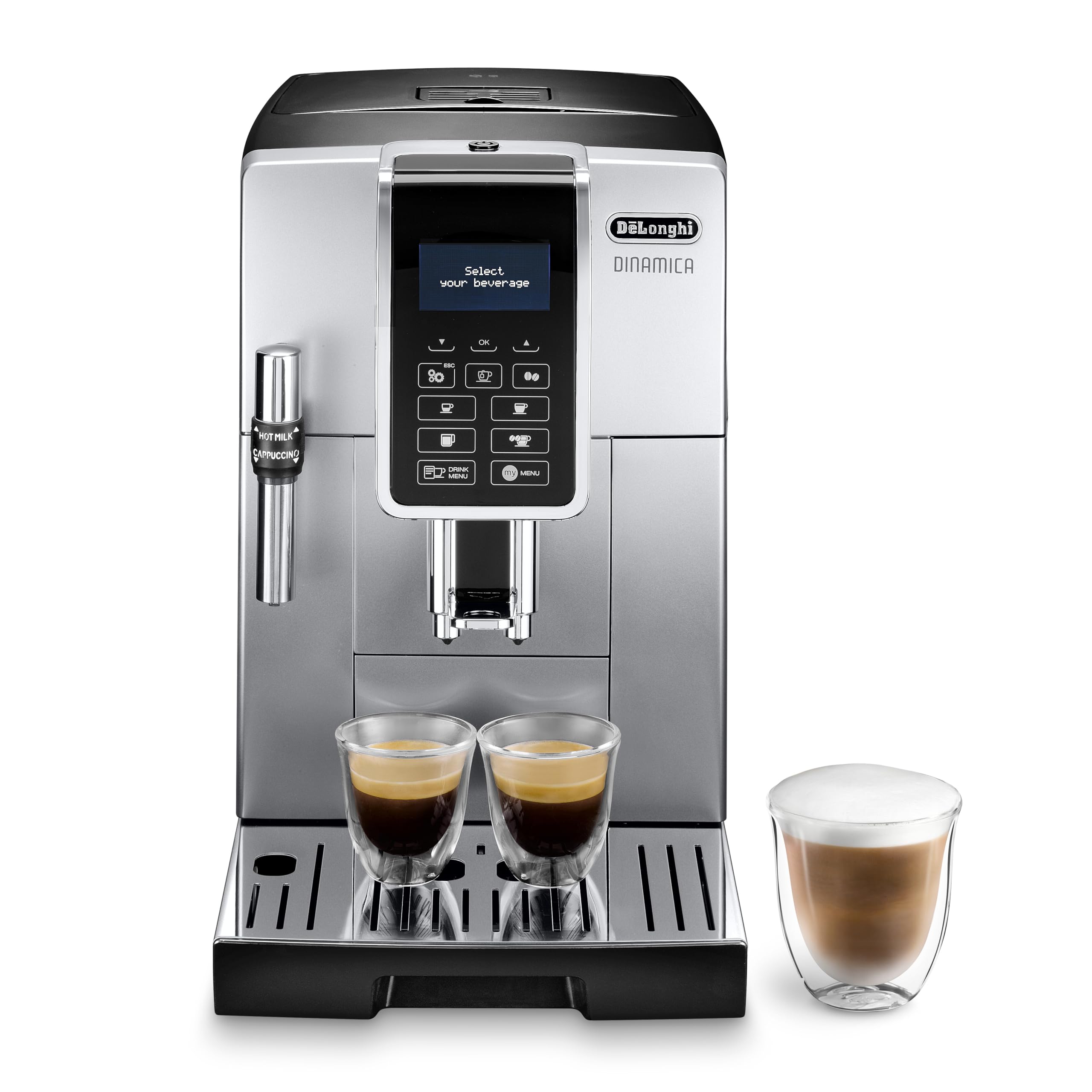 De'Longhi Dinamica ECAM 350.35.SB Cafetera Independiente, Totalmente Automática, Pantalla LCD y Botones Táctiles, 1450 W, 15 Bares, Negro/ Plata