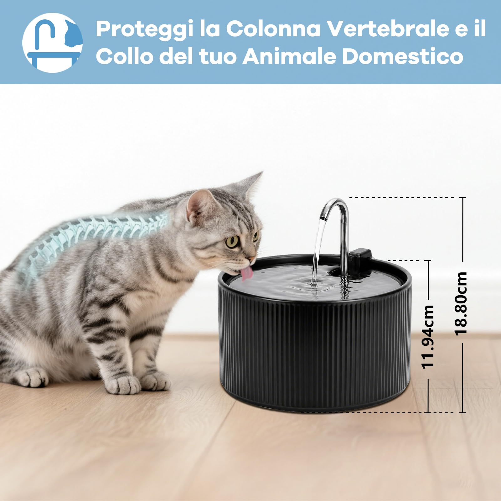 Fontana per gatti in ceramica, 2,2 l, silenziosa, dispenser automatico di acqua per animali domestici, con sistema di filtraggio, nero