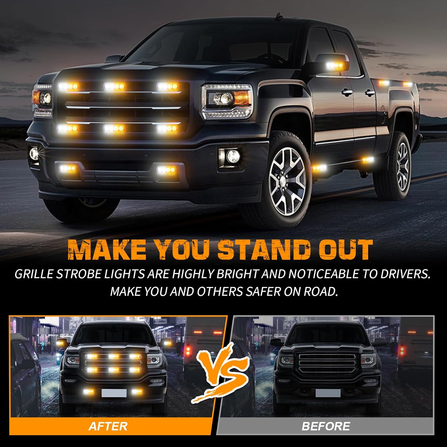 XRIDONSEN 8PCS Sync Truck Grill Lights 32 LED Strobe Lights Amber White Grille Surface Mount Emergency Flashing Warning Safety Hazard Caution Light for Tow Plow Trucks Construction Vehicles Car