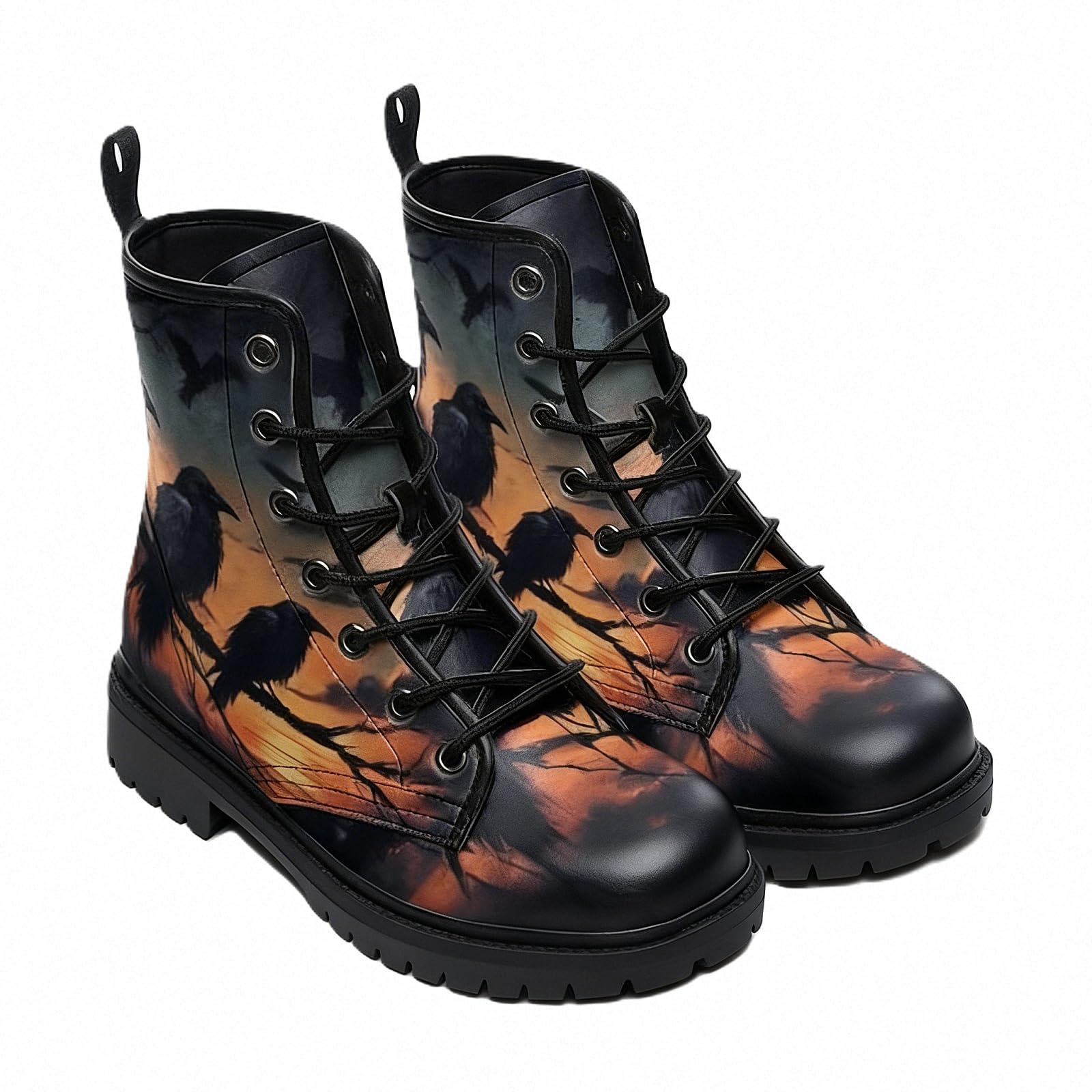 Damen-Stiefeletten mit Graffiti-Print - Motive Kürbis, Fledermäuse, Raben & Natur - Farbiges Plateau aus Leder - Für Alltag, Feste, Halloween & Weihnachten