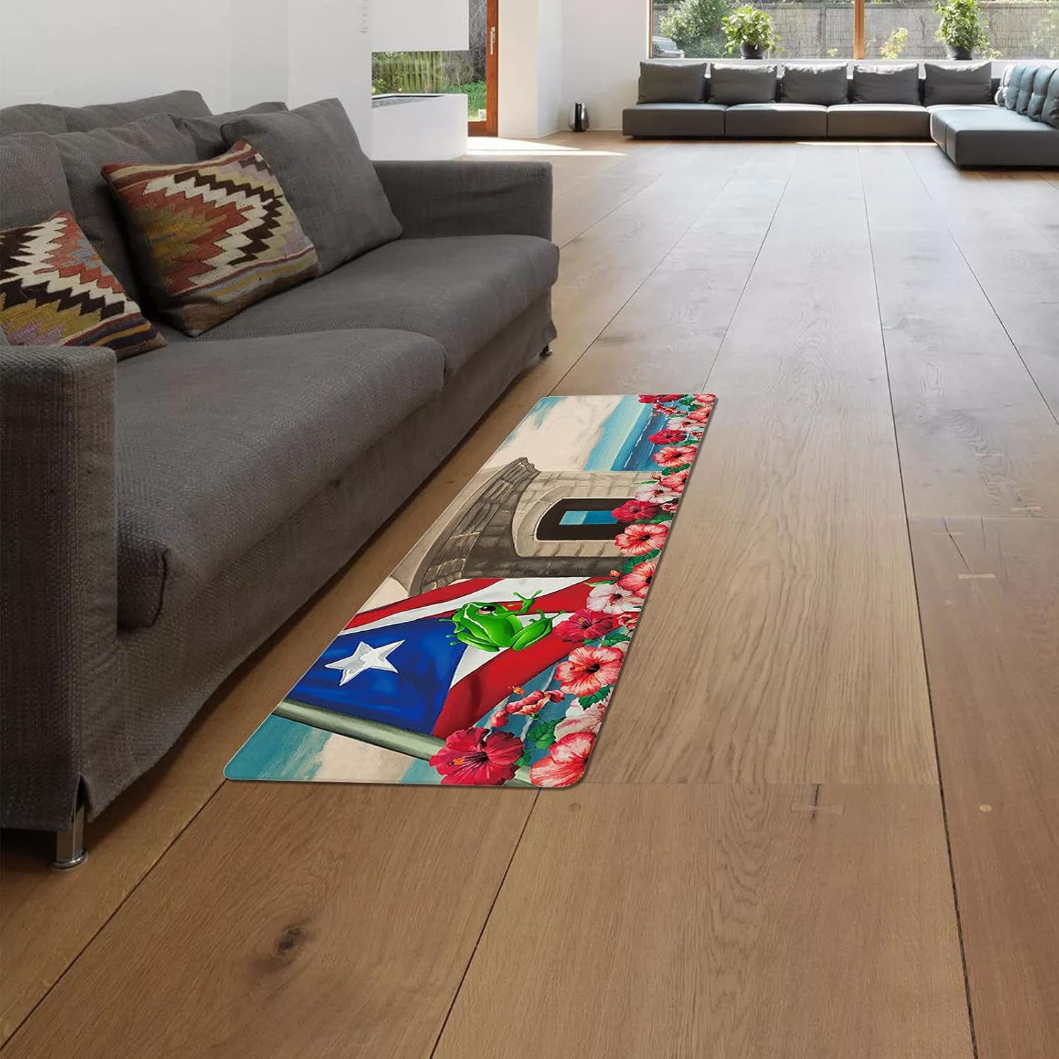 Puerto Rico Kitchen Rug Set 2 Piece Area Rug Anti Fatigue Non Skid Washable Floor Mats for Kitchen Dining Room Sink Laundry Home Office - Frog Flag Flower Castle
