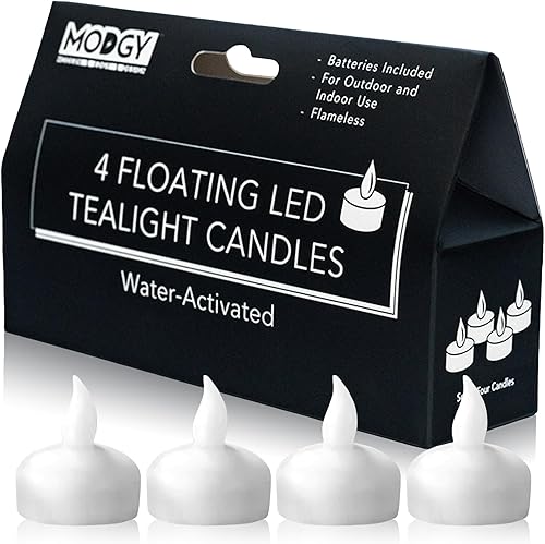 MODGY Velas LED flotantes candelitas sin llama funciona con pilas, velas parpadeantes, activadas por agua, color blanco, juego de 4