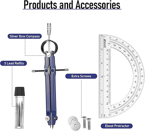 Miniatura 6 de EBOOT Juego de matemáticas de geometría para estudiantes, brújula de dibujo de metal y transportadores de brazo oscilante transparente de 6