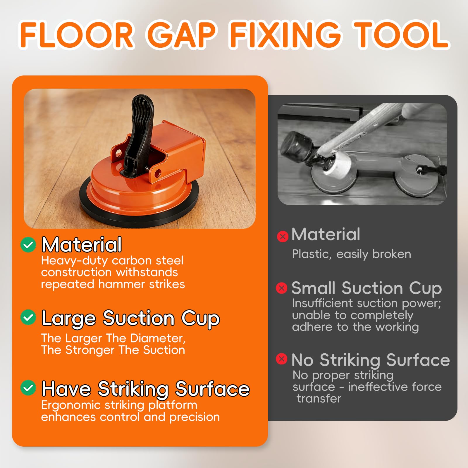 Floor Gap Fixer Tool, Laminate Flooring Tools,Heavy-Duty Repair kit for Wood and Vinyl Planks, Carbon Steel Floor Suction Cup Tool with Rubber Pad, Adjustable Height Setter Close Unsightly Seams — view 5
