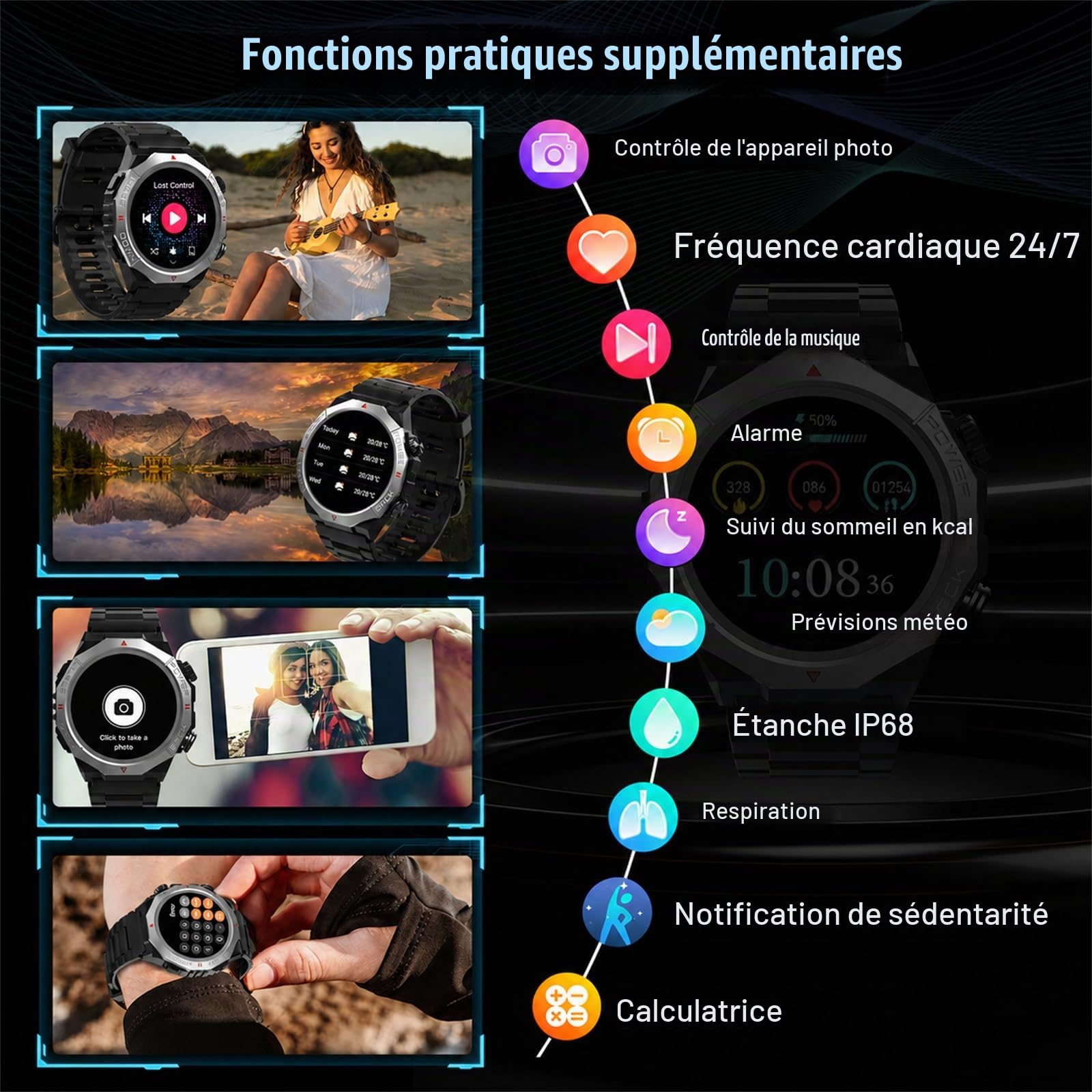 Soudorv Montre Connectée Homme, Militaire Montre avec Appel Bluetooth, Noir