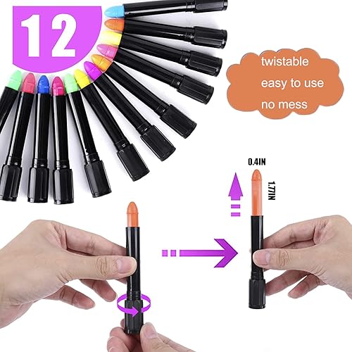 Miniatura 3 de Pintura facial de 12 colores que brillan en la luz negra para niños y adultos, crayones brillantes con luz negra UV, kit de maquillaje fluorescente