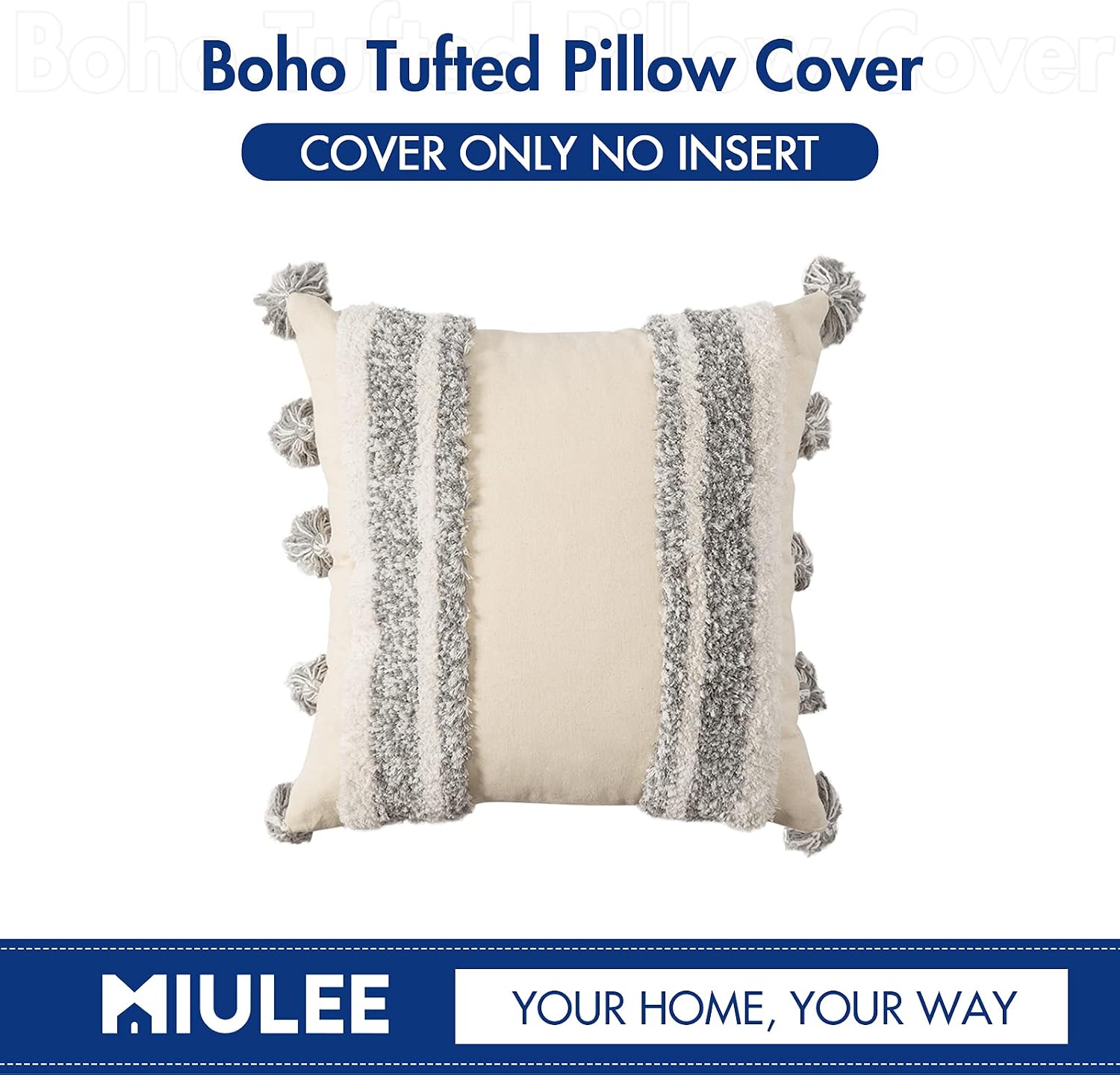 MIULEE Decorative Throw Pillow Cover Tribal Boho Woven Tufted Pillowcase with Tassels Super Square Pillow Sham Pillowcase Cushion Case for Sofa Couch Bedroom Car Living Room 18X18 Inch Grey