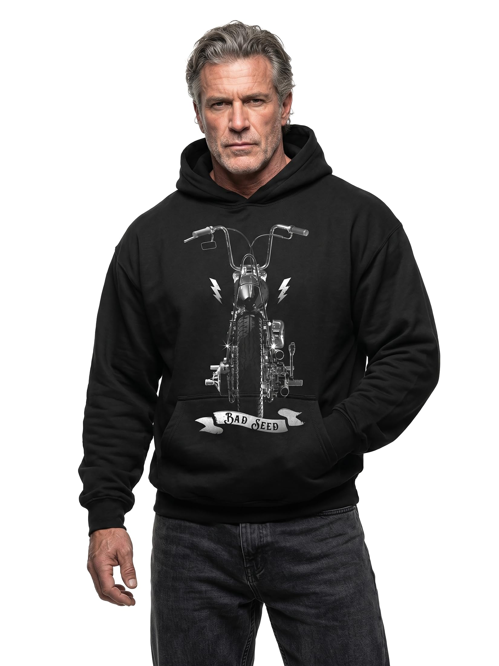 Makaya Bad Seed Sweat Shirt à Capuche Imprime Moto - Custom Bike Chopper - Pull Noir Sweatshirt