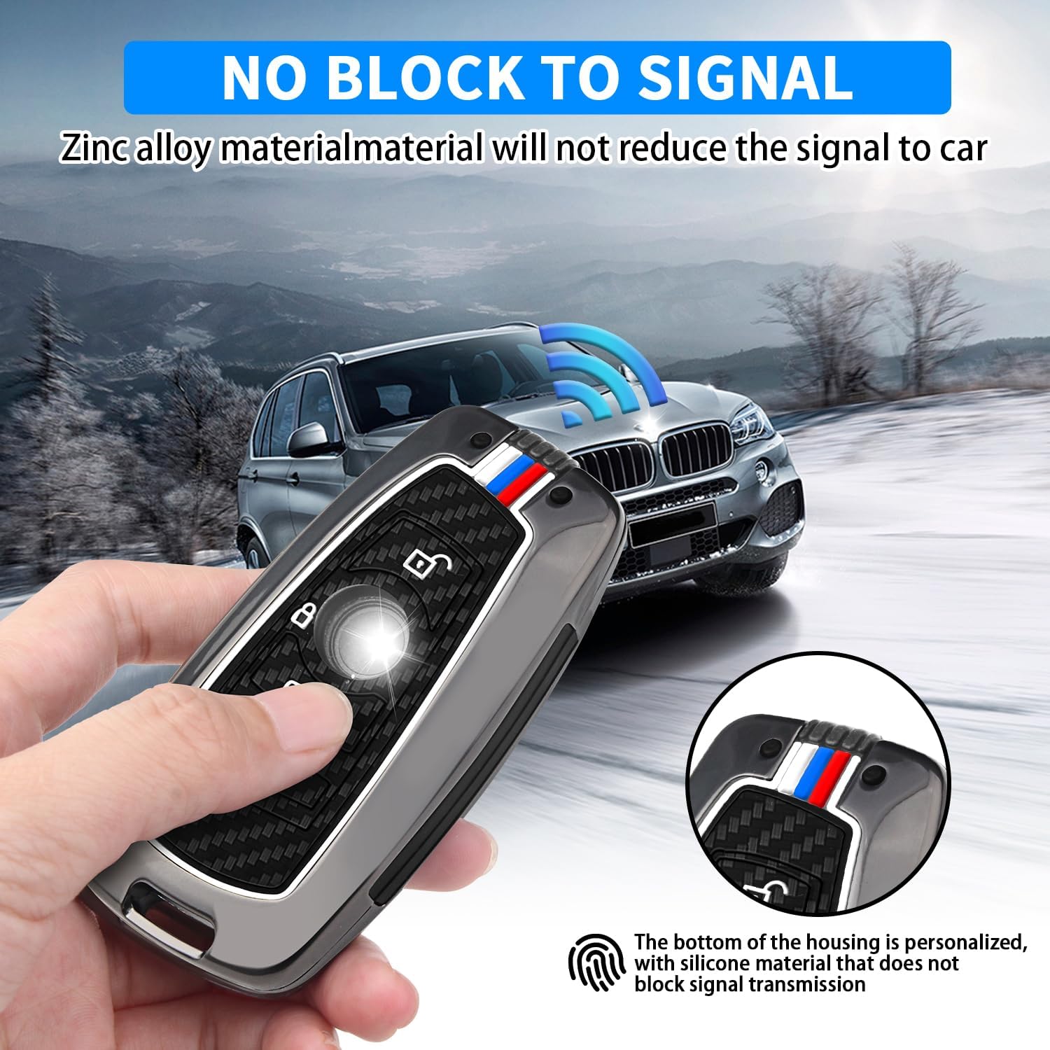 QBUC for BMW Key Fob Cover, Zinc Alloy Heavy Duty Silicon Protector with Keychain Keyless Entry Remote Case Holder Car Key Case for BMW 1 3 4 5 6 7 Series X3 X4 M5 M6 GT3 GT5 (Gunmetal-Carbon Fiber) - Image 3