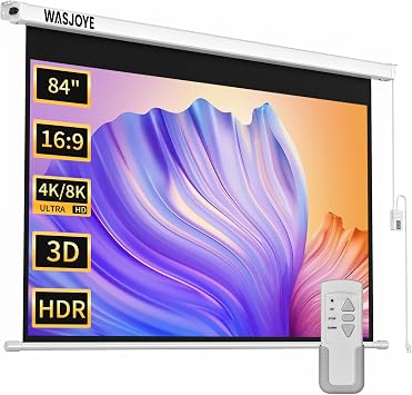 WASJOYE 84"Motorized Projector Screen Electric Diagonal Automatic Projection 169 8K HD Movies Screen for Home Theater Cinema Office Video Game Indoor W/Remote Control and Wall/Ceiling Mount
