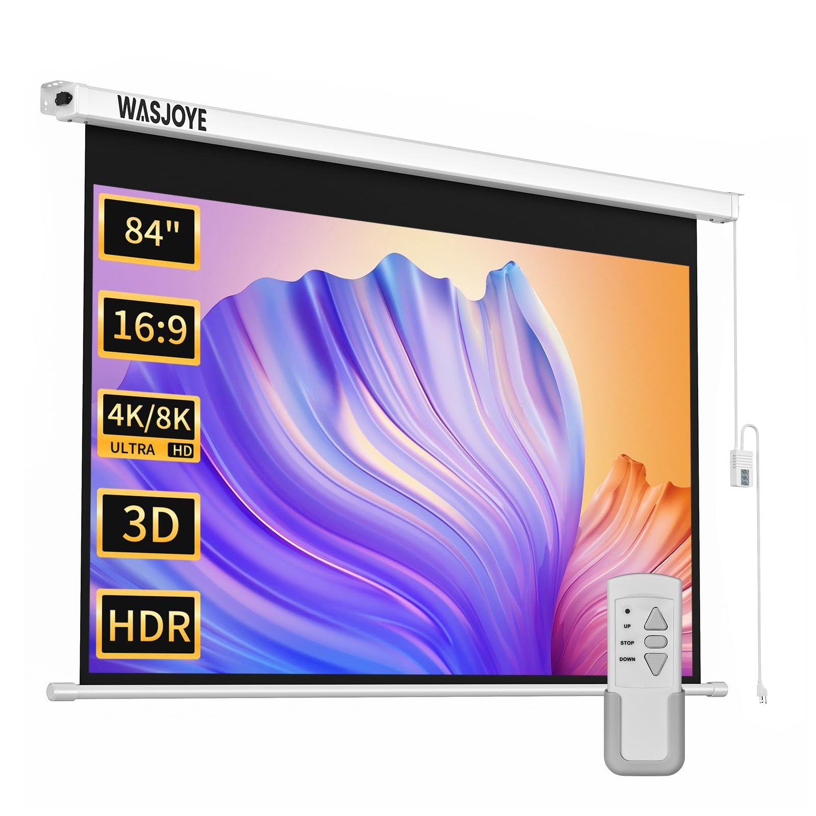 WASJOYE 84" Leinwand Beamer Elektrisch Diagonale Automatische Projektion 16:9 8K HD Filme Schirm für Heimkino Büro Videospiel Outdoor Indoor, Projector Screen W/Fernbedienung und Wand/Decke Mount