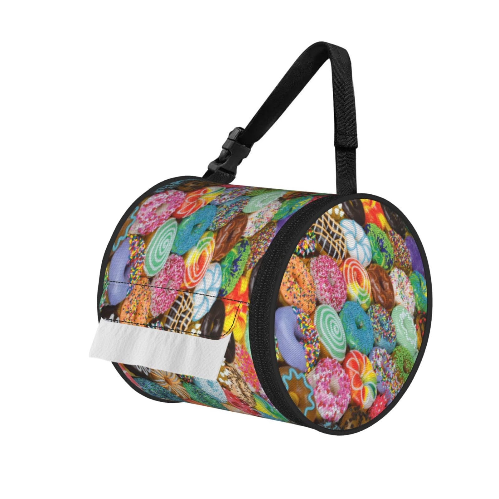 Donuts Print Cylinder Tissue Holder Bag With Strap, Portable Roll Dispenser Case For Car Rv Camping