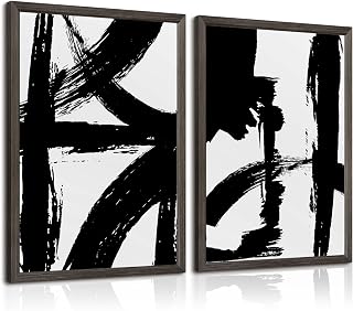 Black and White Wall Art Abstract Modern Painting Minimalist Line Canvas Wall Art Decor Black And White Poster Abstract Artwork Prints for Living Room Bedroom 12x16 Inch Framed Set of 2