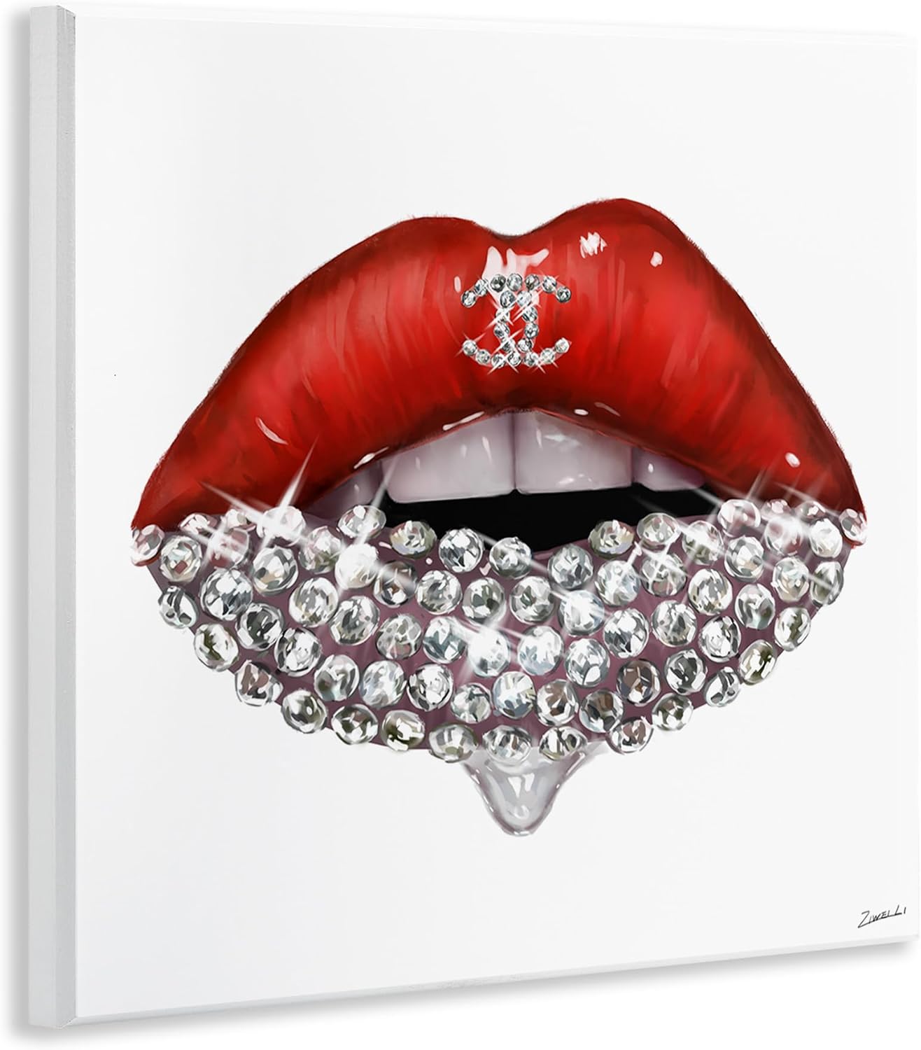 Stupell Industries Chic Red Lip Portrait Women's Fashion Stone Details Wall Art, 12x12, White
