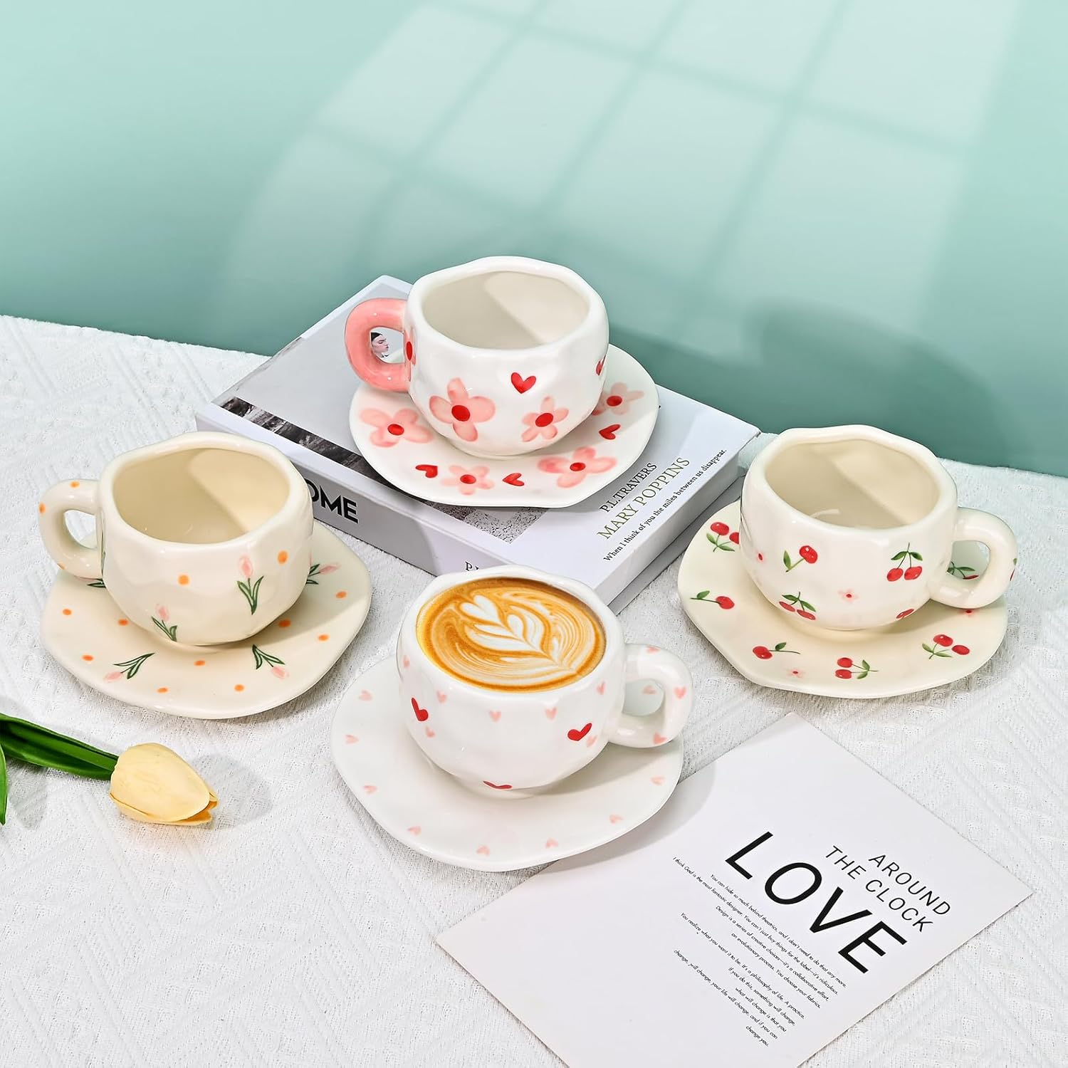 Koythin Ceramic Coffee Mug with Saucer Set, Creative Cute Cherry Cup Unique Irregular Design for Office and Home, 10 oz/300 ml for Latte Tea Milk - Image 9