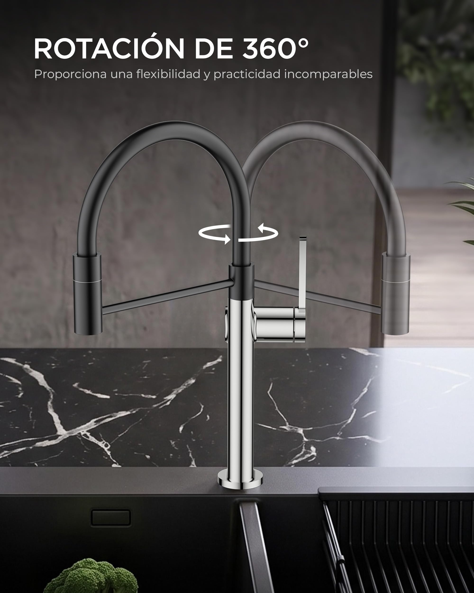 FORIOUS Grifo Cocina de cocina, Grifos Cocina Fregadero, dos modos de rociado, Grifo De Cocina Fregadero giratorio 360°, Grifo Monomando Cocina para agua fría y caliente, Cromo Pulido