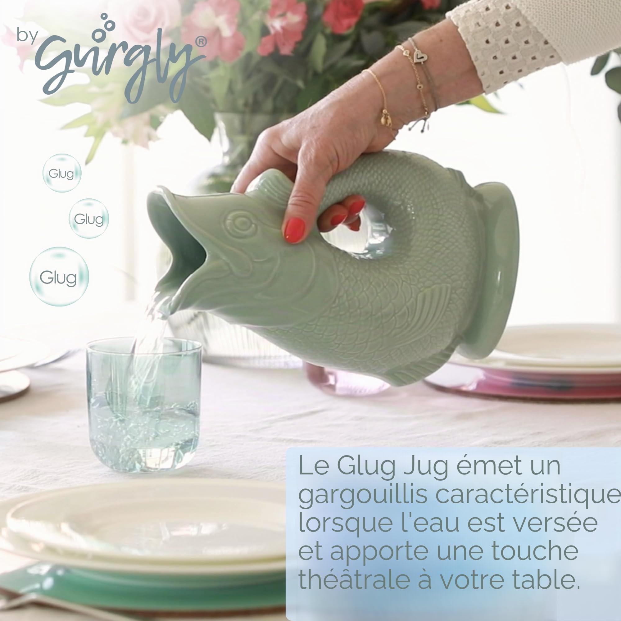 Carafe glouglou emblématique Gurgly, verte sauge, Petit format 23cm, 750ml - Pichet à eau en forme de poisson, vase décoratif, ornement, carafe