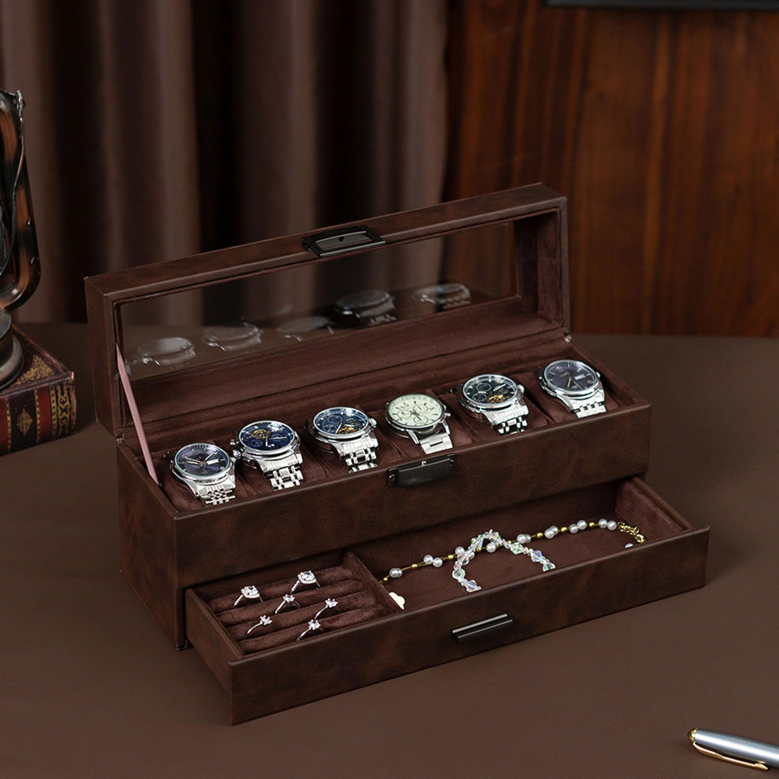 Estuche de almacenamiento de lujo de piel sintética con 6 ranuras y 2 capas para organizar tu colección ordenadamente organizadores de joyas, organizadores de relojes de piel sintética