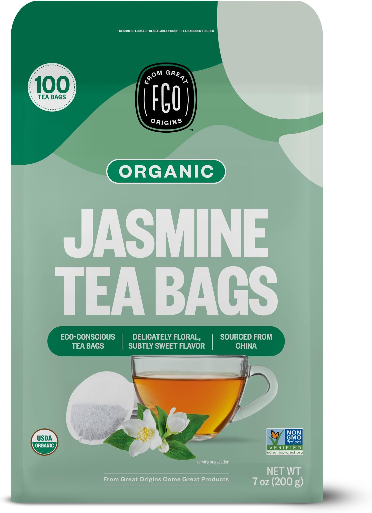 Organic Jasmine Green Tea, 100 Count, Eco-Conscious Tea Bags,Resealable Bag, Packaging May Vary (Pack of 1)