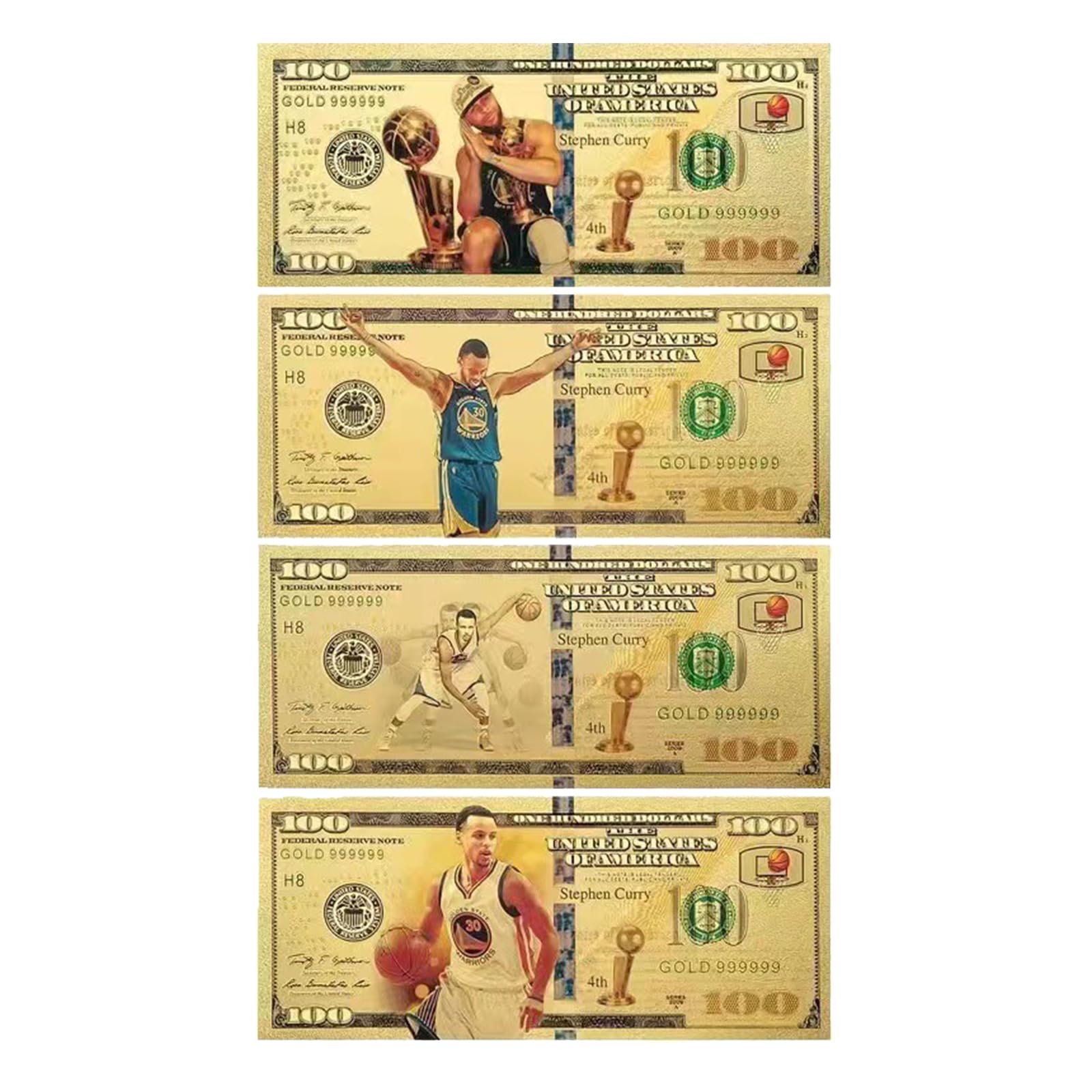 MUHBIJO 4PCS Gold Dollar, Fake Golden Hundred Dollar Bills Colored Bill USD Money Banknotes NBA Gold 100 Dollar Bills 24k Gold Leaf Bills Stephen Curry Basketball Player Gold Plated Bill Notes