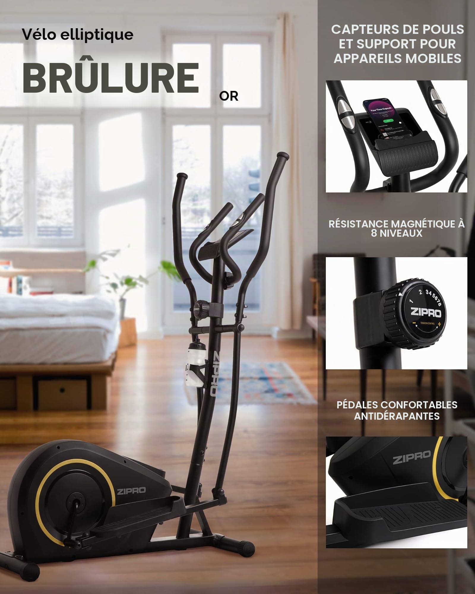 Zipro Crosstrainer Burn, elliptique jusqu'à 120 kg, équipement d'entraînement Cardio à Domicile, Appareil de Fitness, Machines d'exercice, vélo elliptique, 8 Niveaux de résistance