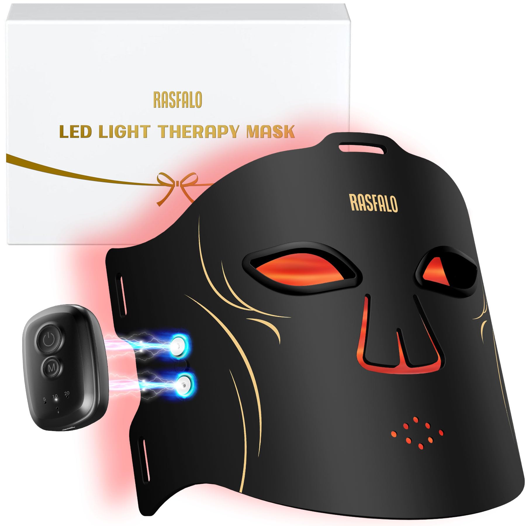 Rasfalo LED Maske Gesicht, 4 Lichtmodi LED Gesichtsmaske mit 850nm, 2000mAh Wiederaufladbare LED Maske mit 336 LEDs, Timerfunktion für Zuhause & Unterwegs Schwarz