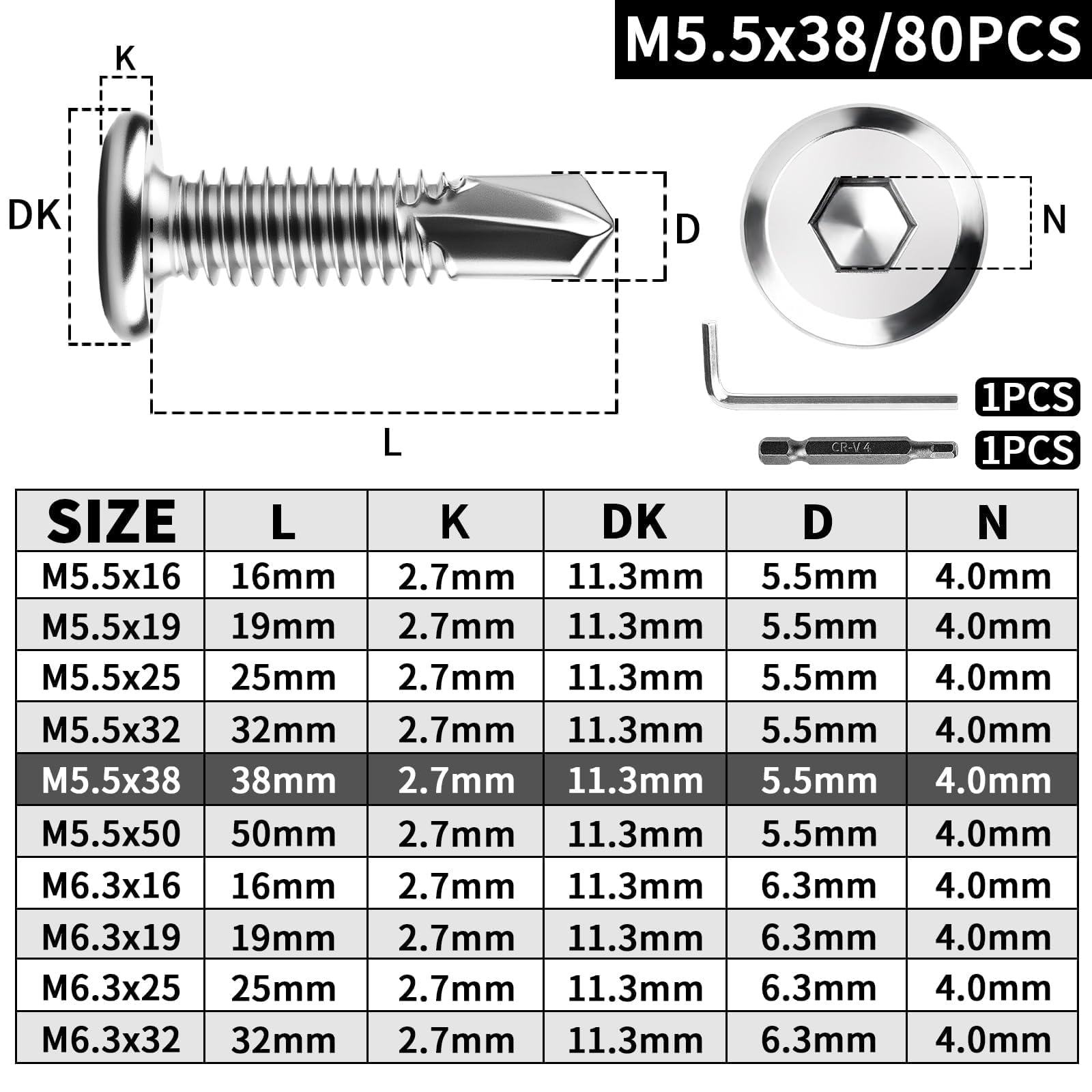 XRXYMQ 80 Pcs Self Drilling Screws M5.5 x 38 mm Self Tapping Screws Metal Flat Head Stainless Steel Screw Stainless Steel Tapping Screw For Plastics Wood Aluminum with spanner - Image 2