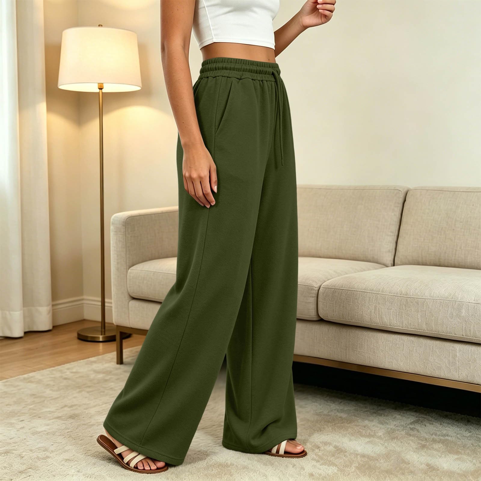 Pantalon Large Femme Cordon Taille Élastique Poches Latérales Couleur Unie