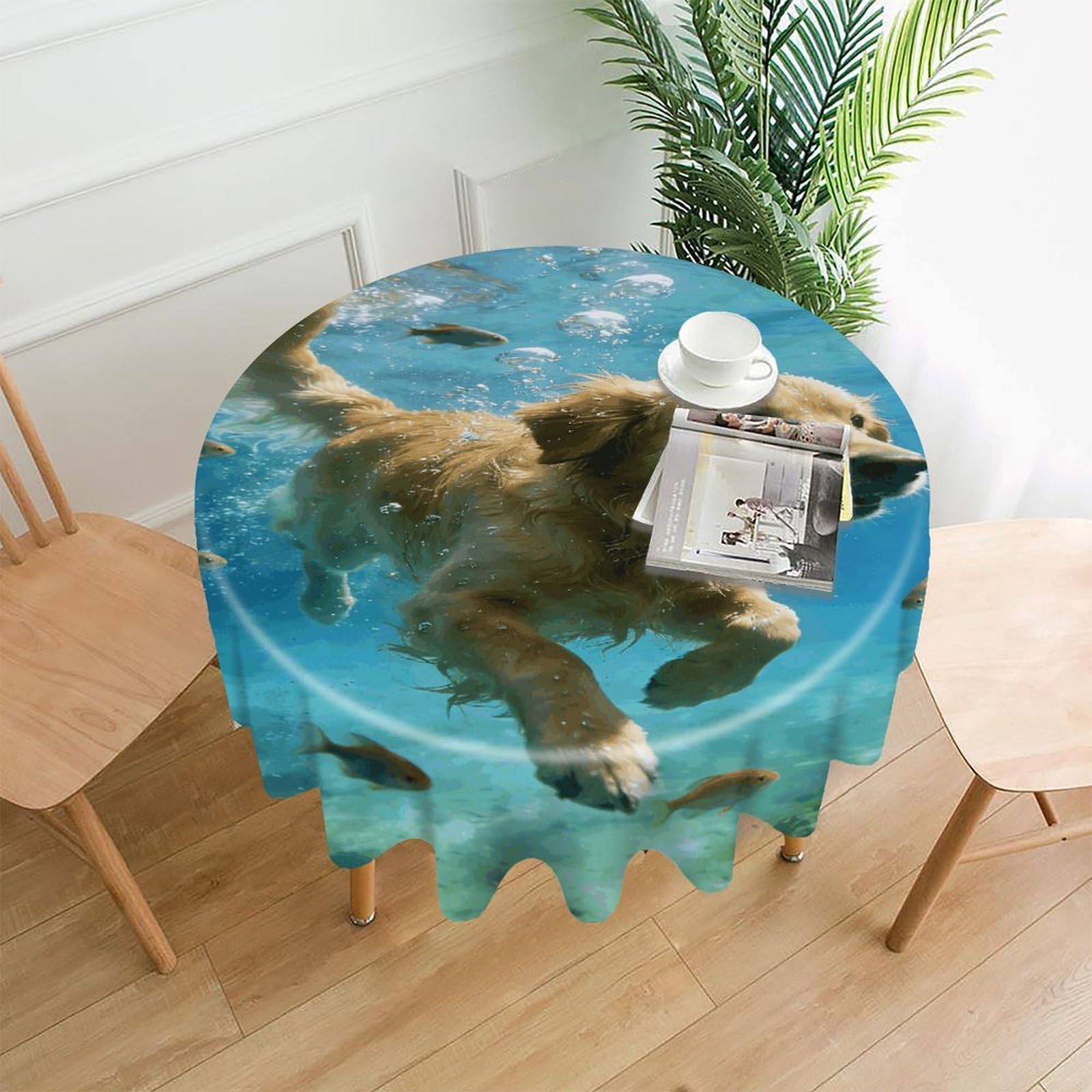 LZQPOEAS Underwater Dog Tablecloth Easy to Clean Polyester Round Table Cover Washable Round Table Cloth Wrinkle-Free Circle Decoration Tablecloth for Kitchen and Dining Room 60"