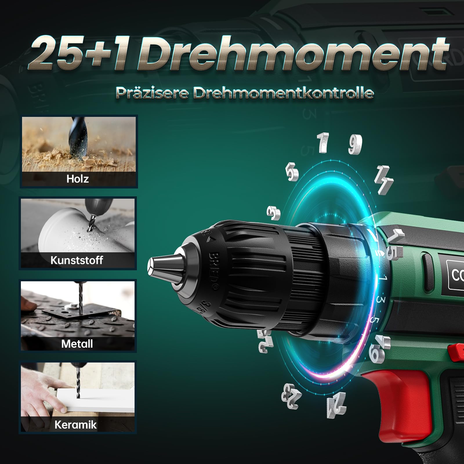 Akkuschrauber mit 2000mAh Akku, 20V Akku Bohrschrauber Set 42Nm Max, 2-Gang Akku-Bohrmaschine, Kompatibel mit Makita Akku, 25+1 Drehmomentstufen, 10mm Bohrfutter, LED-Licht, Für Reparatur und DIY Grün
