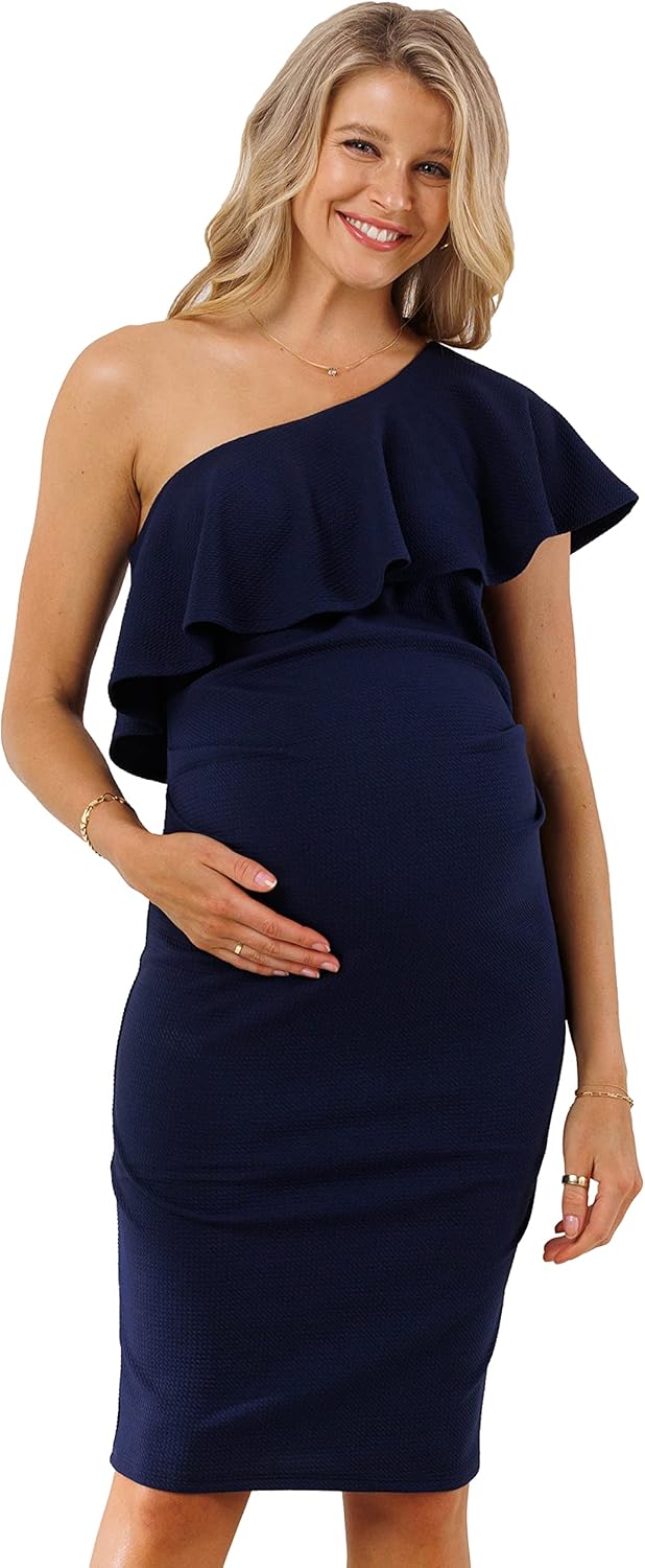 LaClef Women's Maternity Ruffled One Shoulder Side Ruching Dress