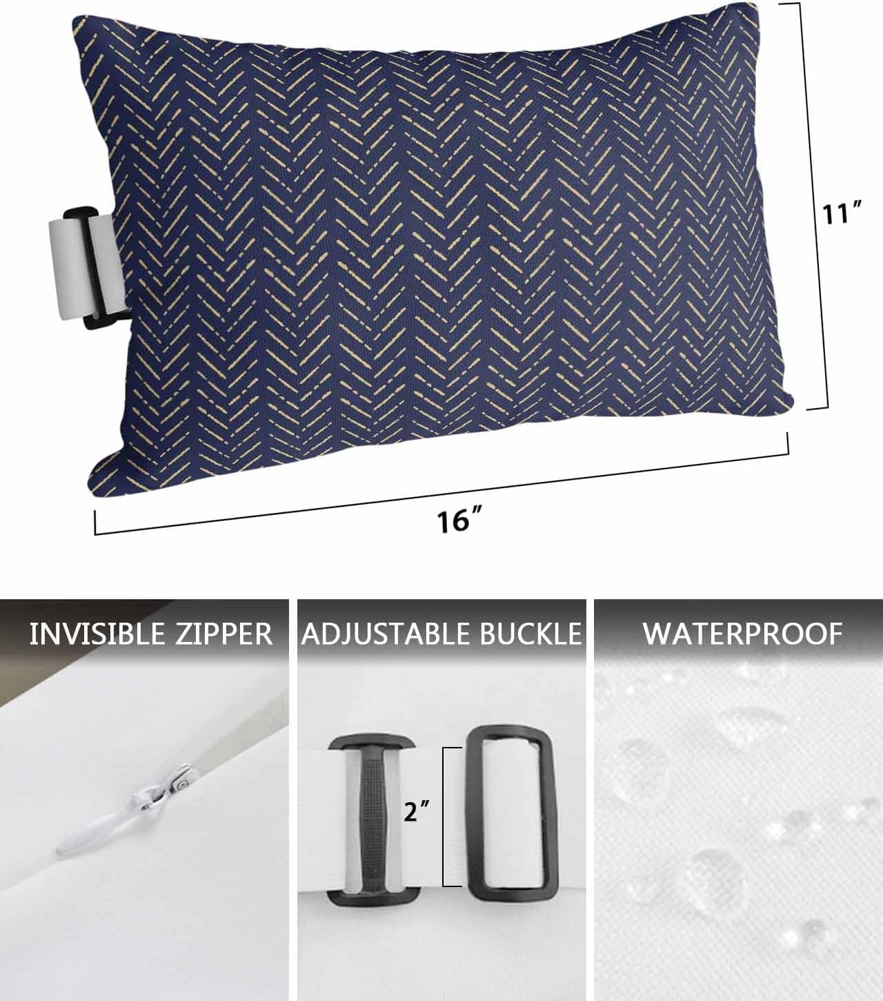 Outdoor Pillow for Lounge Chair with Strap & Insert Navy Blue Stripes Recliner Head Pillow Modern Art Lines Waterproof Headrest Patio Lumbar Pillows for Beach Pool Office Chaise Chair 11x16 Inch