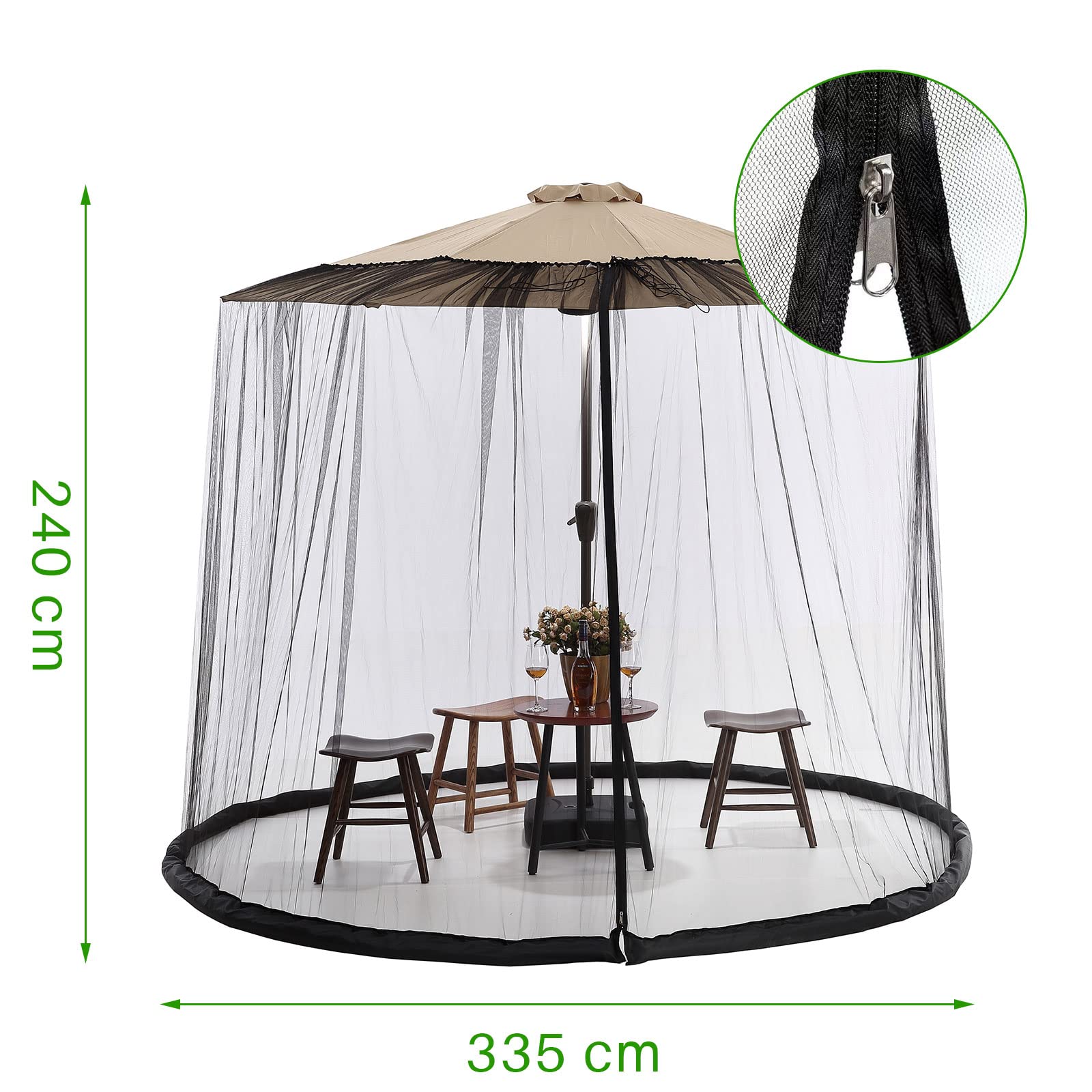 LiveGo Terrassenschirm, Moskitonetz, Polyester-Netzschirm, universeller Schirm, Moskitonetz mit Reißverschluss-Tür und verstellbarem Seil, passend für Outdoor-Regenschirme und Terrassentische