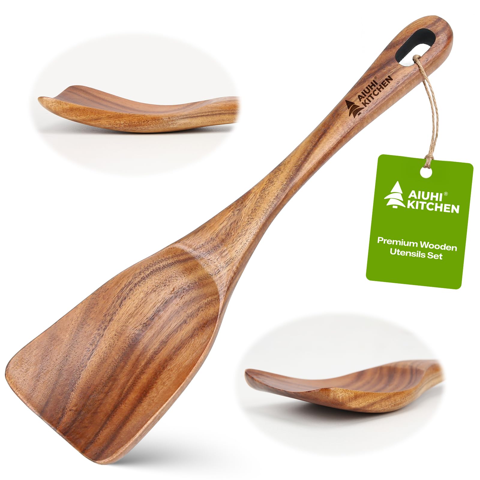 AIUHI Teak Cooking Spatula, Thick Wooden Spatula for Cooking, Deep Scoop Non-Stick Safe Heat Resistant Solid Teak Wooden Spatula for Kitchen Daily Use