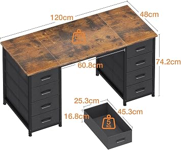 Coleshome Computer Desk with 8 Fabric Drawers, Office Desk with Storage | 120 x 48 cm Brown Home Office Desk, PC Study Desk for Bedroom and Living Room,Compact Work Table with More Storage Space