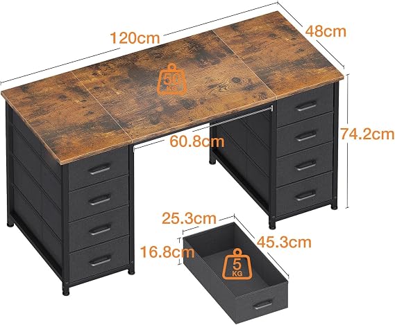 Coleshome Computer Desk with 8 Fabric Drawers, Office Desk with Storage | 120 x 48 cm Brown Home Office Desk, PC Study Desk for Bedroom and Living Room，Compact Work Table with More Storage Space