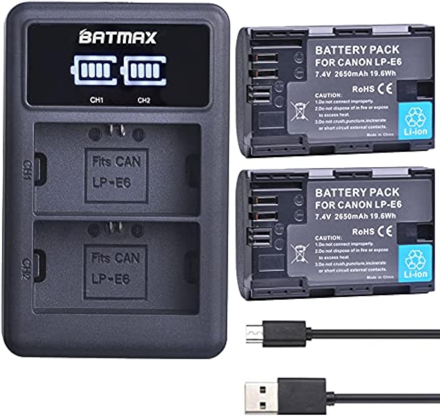 Batmax 2Pcs 2650mAh LP-E6 LP-E6N Battery + LED Dual Charger for Canon EOS R, R5, R6, Ra, XC10, XC15, 5D Mark II/III/IV, 5DS, 5DS R, 6D, 6D Mark II, 7D, 7D Mark II, 70D, 80D Cameras