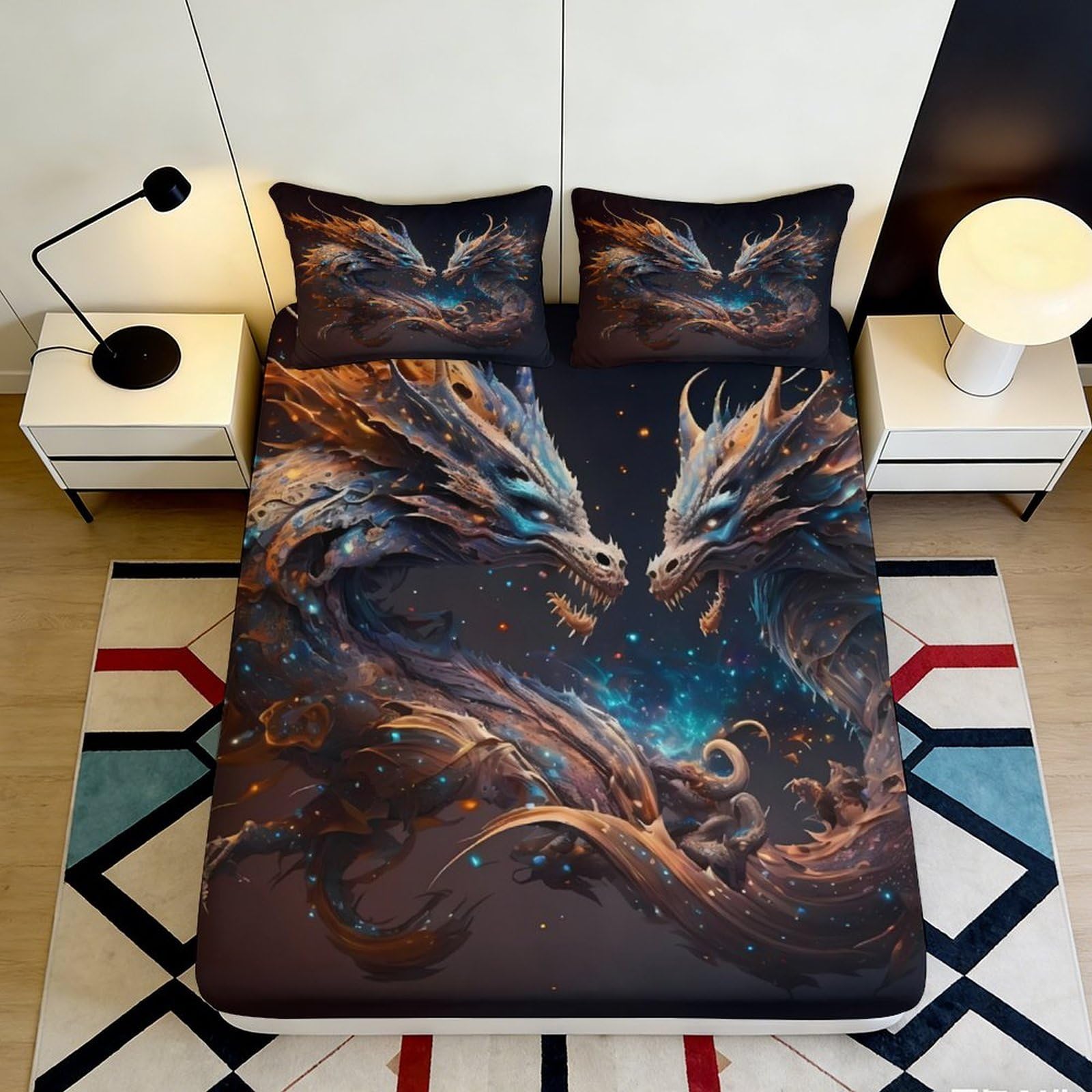 3D Printed Blue Fire Dragon Fitted Sheet Microfiber Fantasy Twin Dragons Mattress Cover Bedroom Decor 90x200x25cm