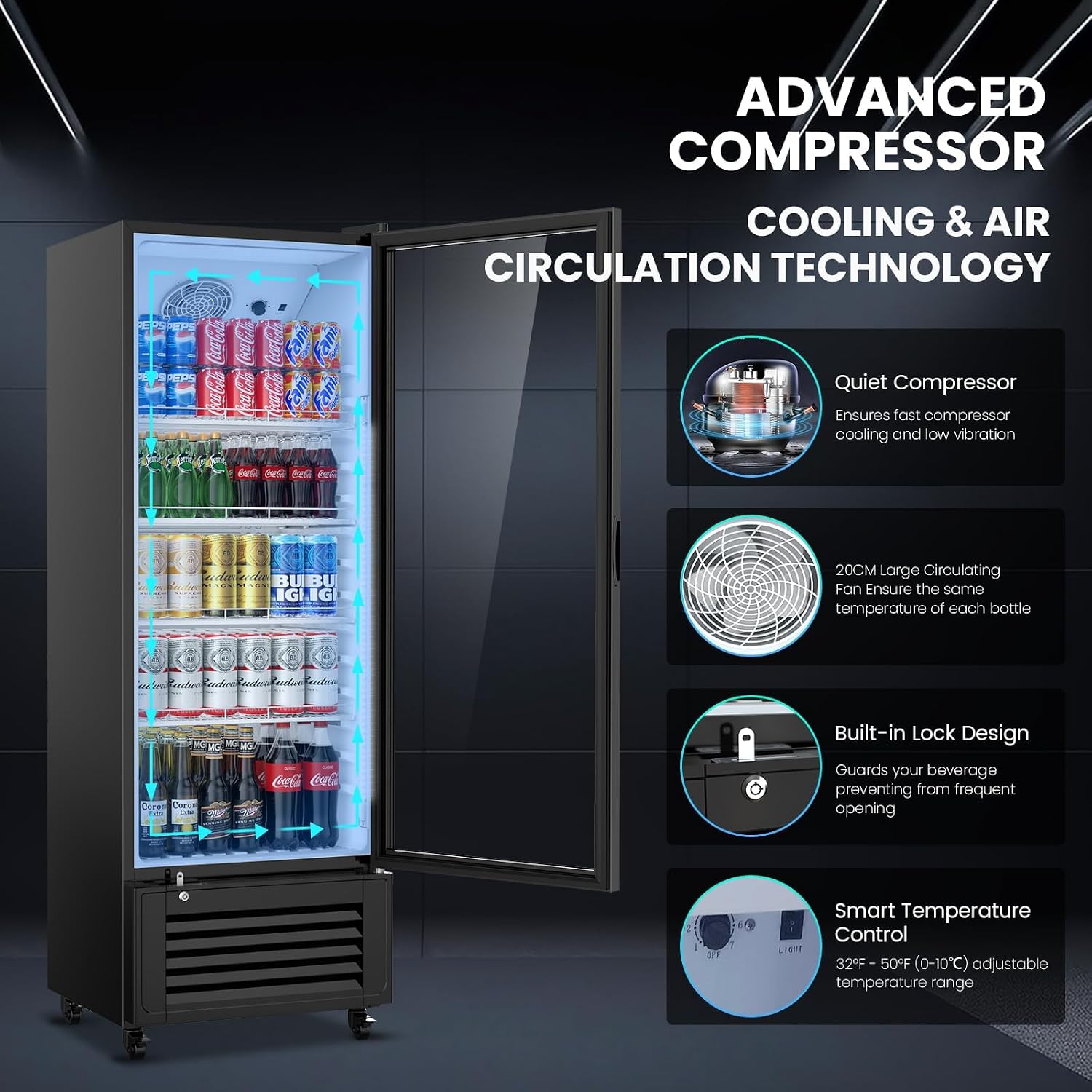 Mojgar 11 Cu Ft Commercial Refrigerators Single Door,Glass Door Merchandiser Display Beverage Fridge with Built-in LED Light,1.64kwh/24h Retail Cooler for Shop,Restaurant,Apartment,etc