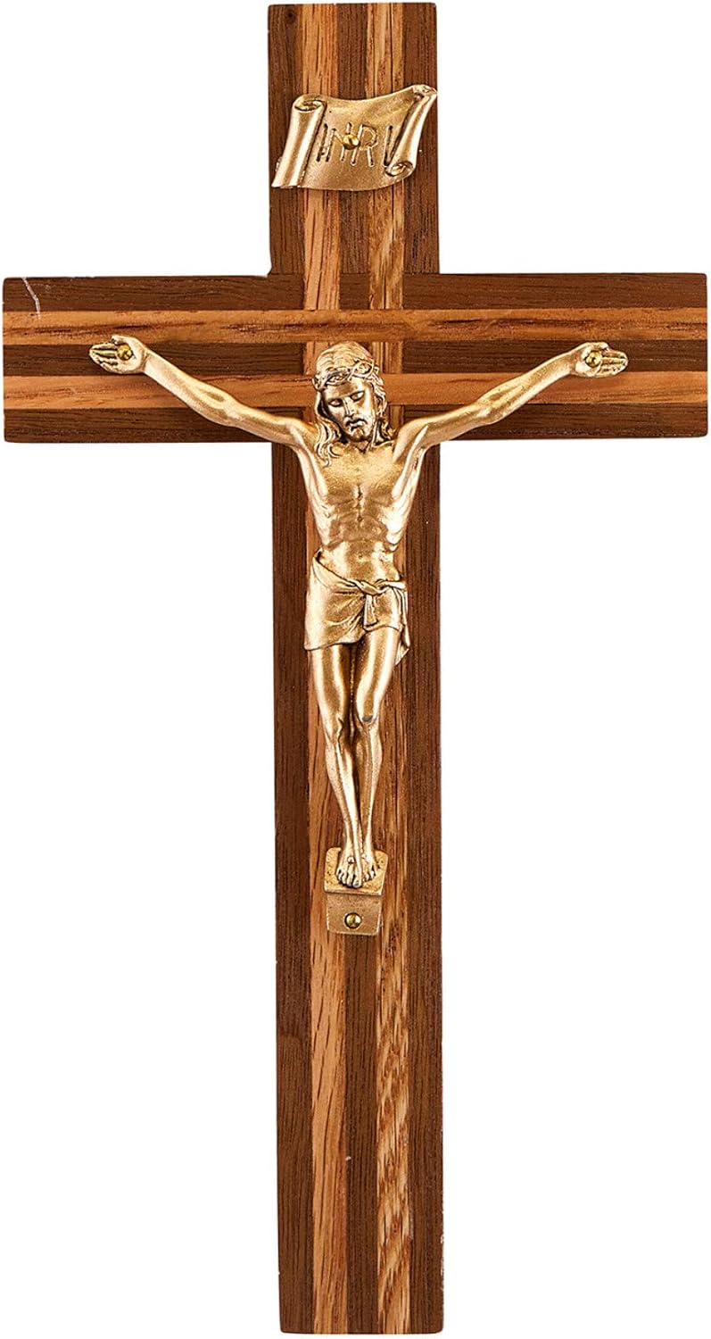 Walnut Wooden Wall Cross Crucifix with Oak Inlay, Religious Home Decor, 8 inch