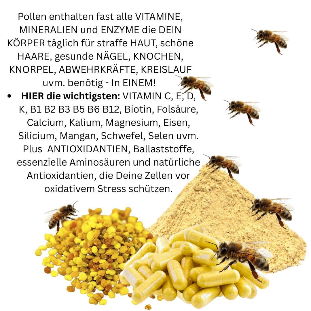 BLÜTENPOLLEN Bienenpollen 540 (3x180) Pulver Kapseln OHNE ZUSATZSTOFFE natürliche Vitamine Mineralien Antioxidantien. Imkerpollen, Imkerqualität. Kalt vermahlen. 100% NATUR pur. 27000-5