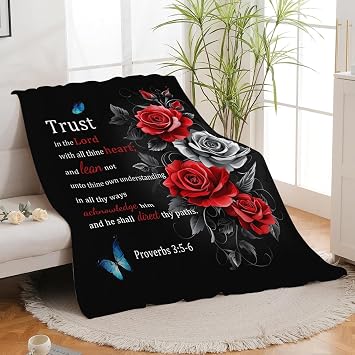 Christian Blanket Bible Verse Throw Blanket Red Rose Inspirational Religious Spiritual Gifts for Girls Boys Kids Adults Women Men Soft Cozy Plush Fluffy Fuzzy Fleece Blanket Decor 40''X50''
