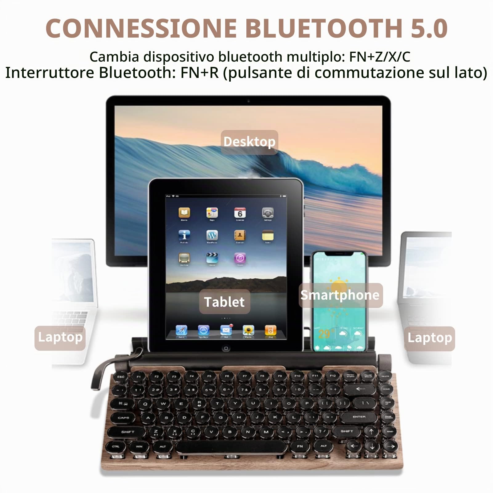Yunseity Tastiera per Macchina da Scrivere Retrò, Tastiera da Gioco Meccanica con Tasti Rotondi Punk a 83 Tasti, Tastiera Qwerty Bluetooth per PC, Tablet, per IOS, Telefoni Android